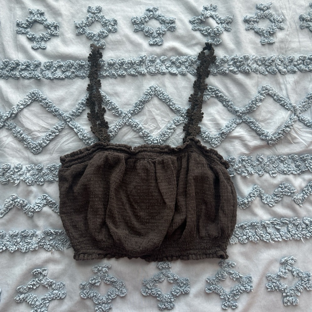 Forever 21 Black Cropped Tank with Light Blue Crochet Detail